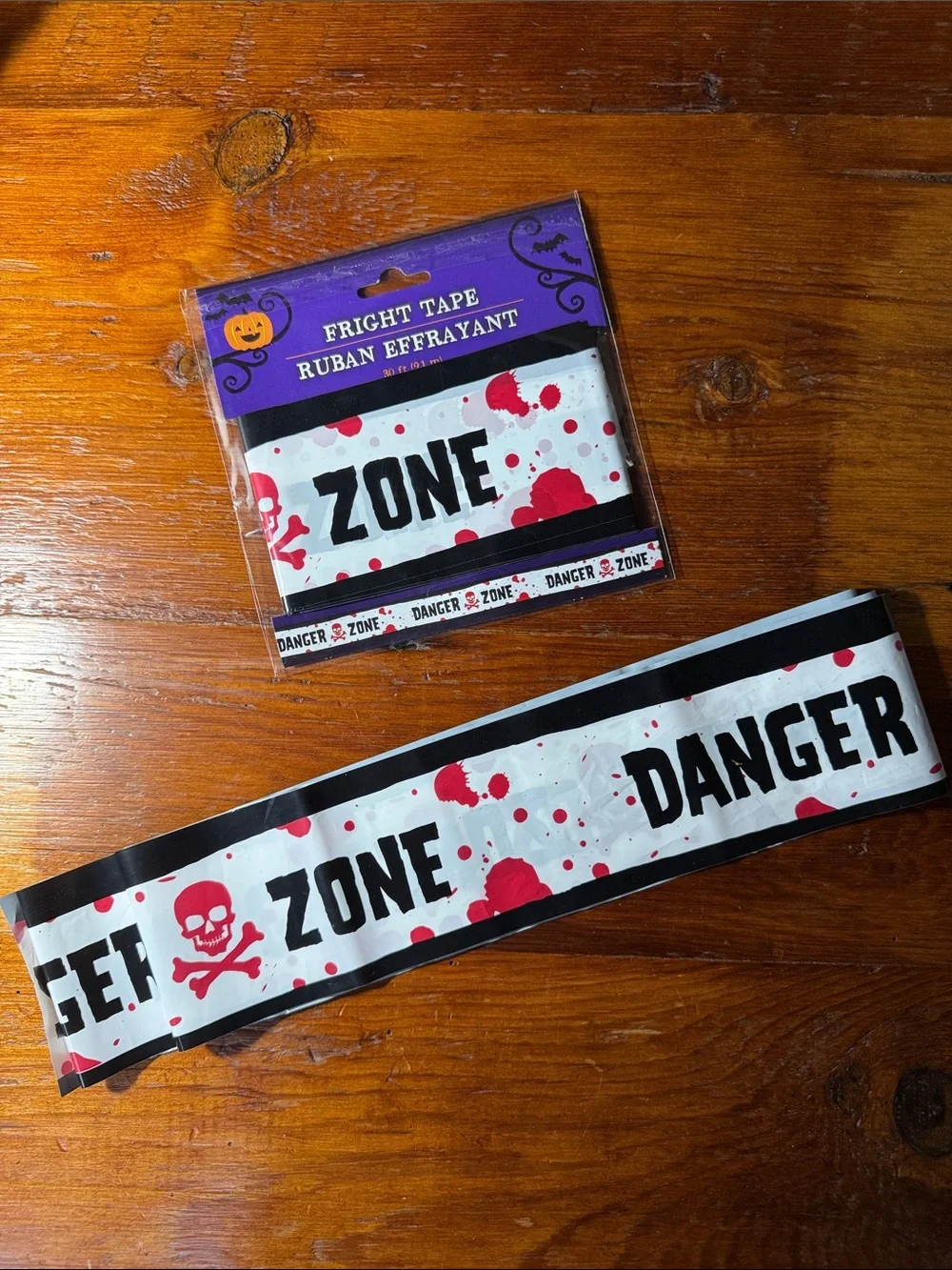 ☠️ 30’ Fright Tape 'Danger Zone' Party Tape - White with Red Splatter